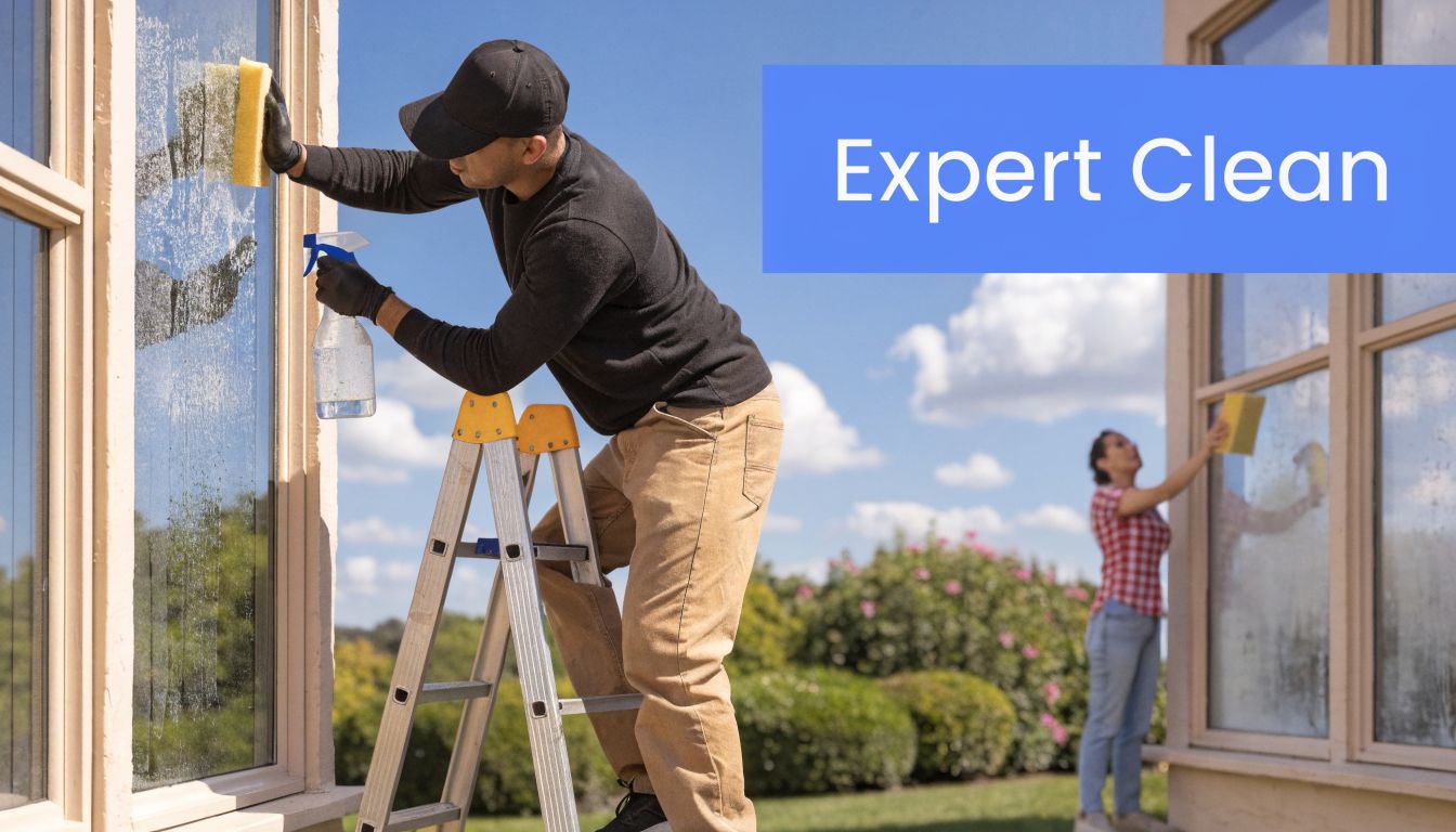A professional man cleaning a window on a ladder while a woman cleans another window nearby.