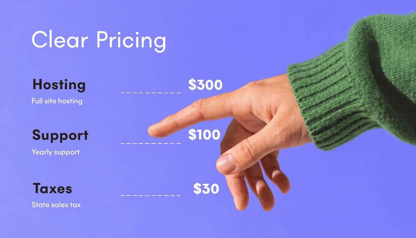 A hand pointing at a pricing list on a purple background showing hosting, support, and tax costs.