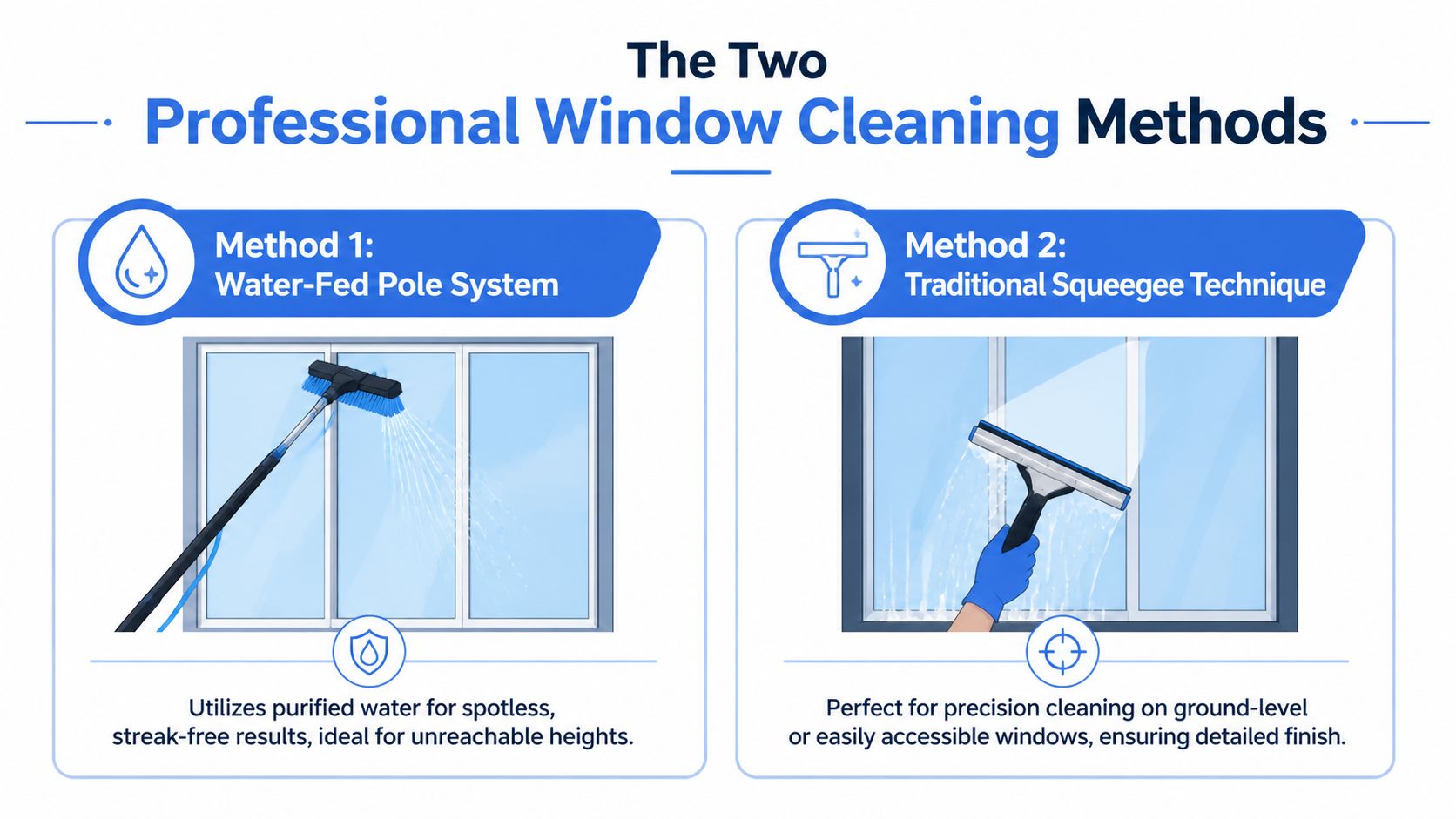 An infographic comparing professional window cleaning methods using a water-fed pole system versus a traditional squeegee technique.