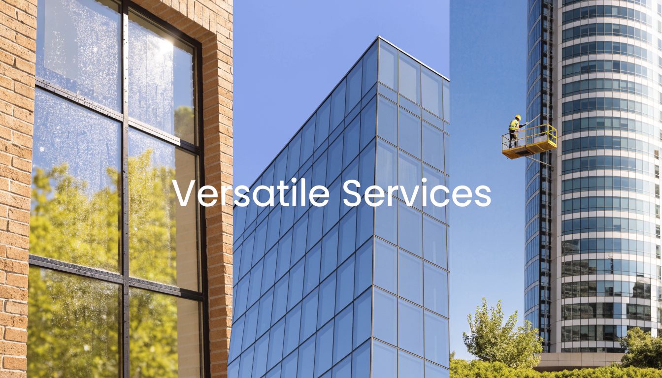 A professional window cleaner works on a high-rise building with a collage of glass building facades.