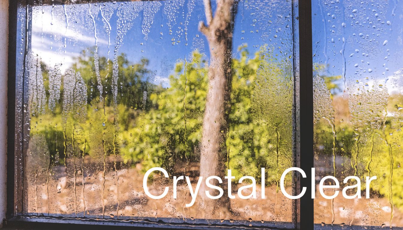A view through a condensation covered window looking out at a bright and blurry sunny garden.