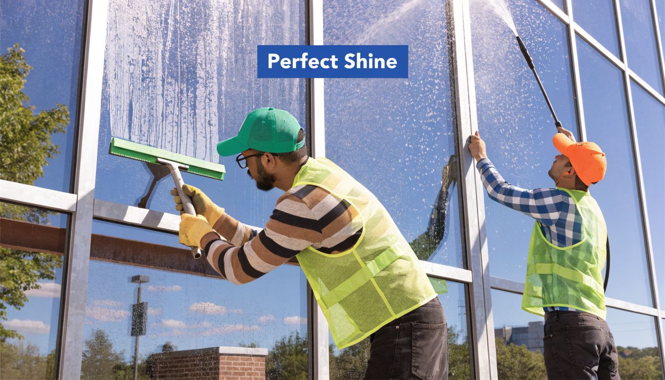 Two professional window cleaners in safety vests cleaning the glass exterior of a large commercial building.