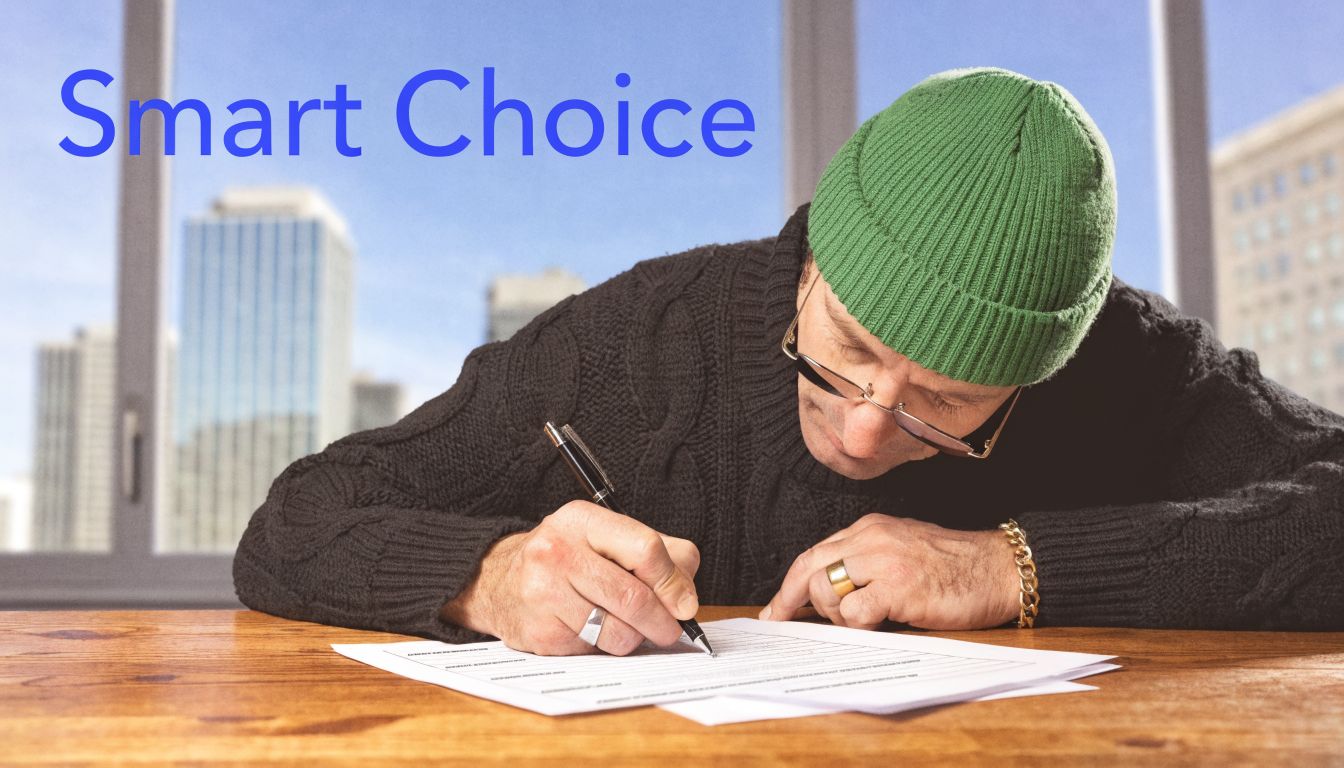 A man wearing a green beanie and glasses signing paperwork at a desk with a city view.