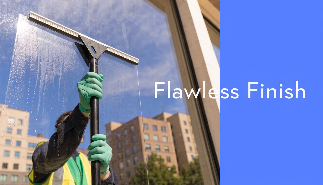 A professional window cleaner wearing green gloves uses a squeegee to clean a large office building window.