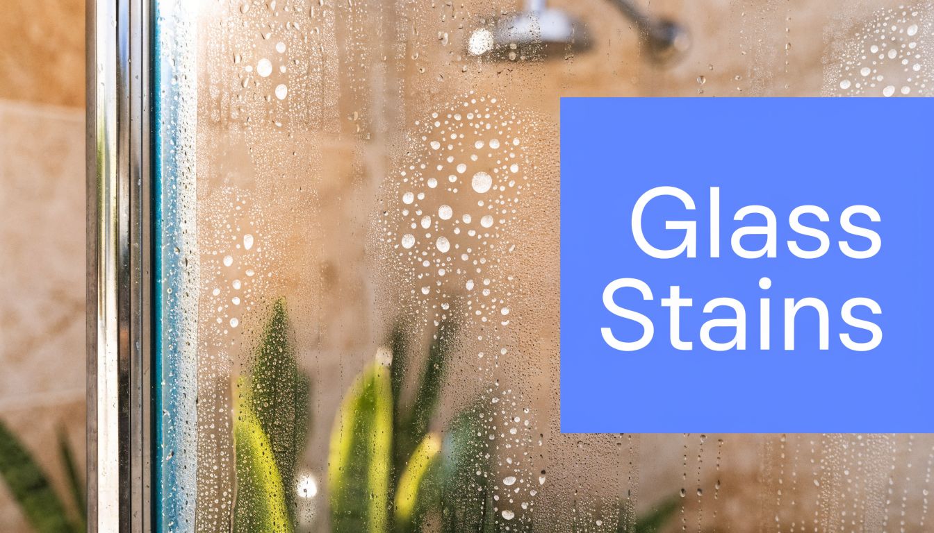 A close-up view of a shower glass door covered with water drops and stubborn limescale stains.
