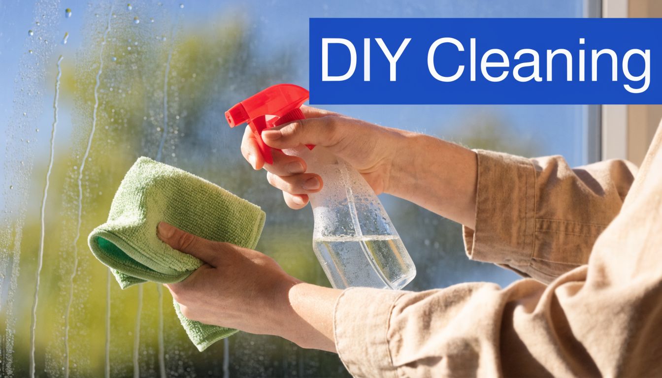 A person cleaning water stains on a glass window with a microfiber cloth and a spray bottle.