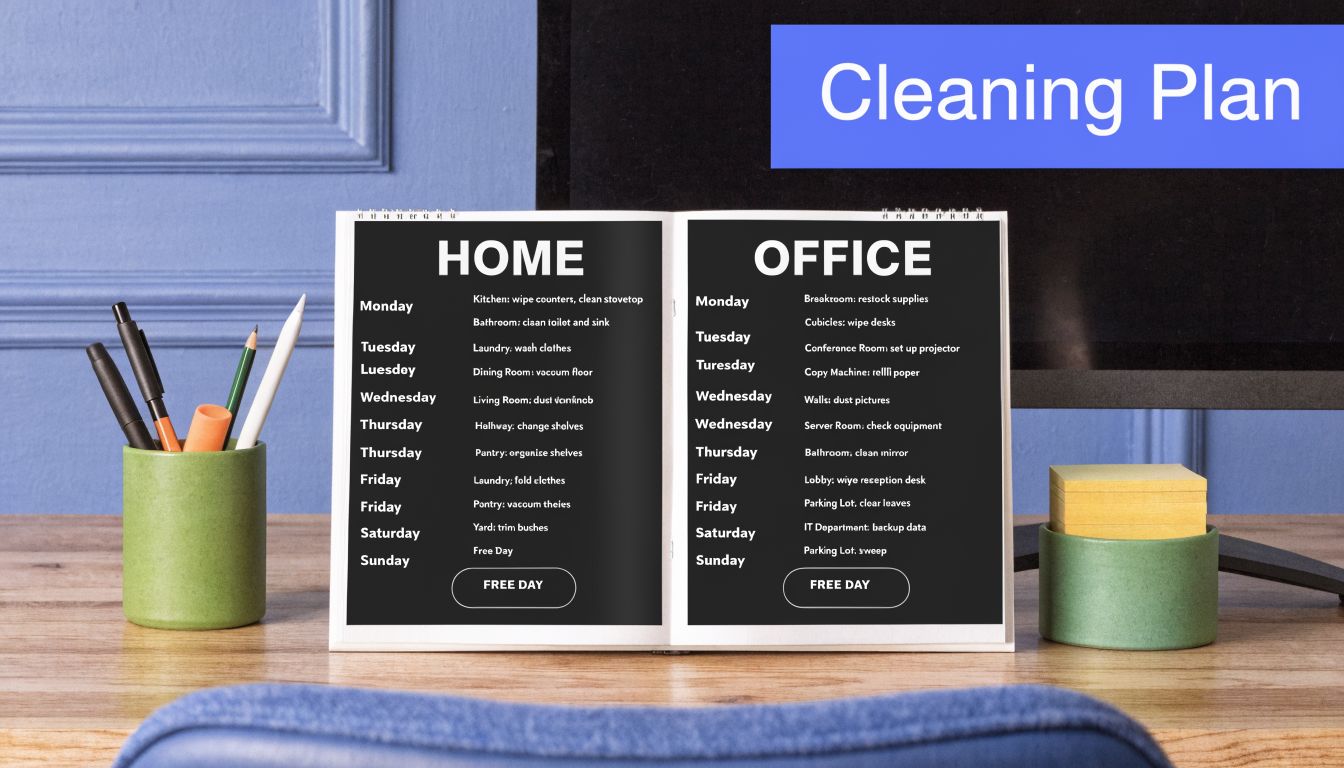 A weekly cleaning plan schedule displayed on an open notebook on a desk with office supplies.