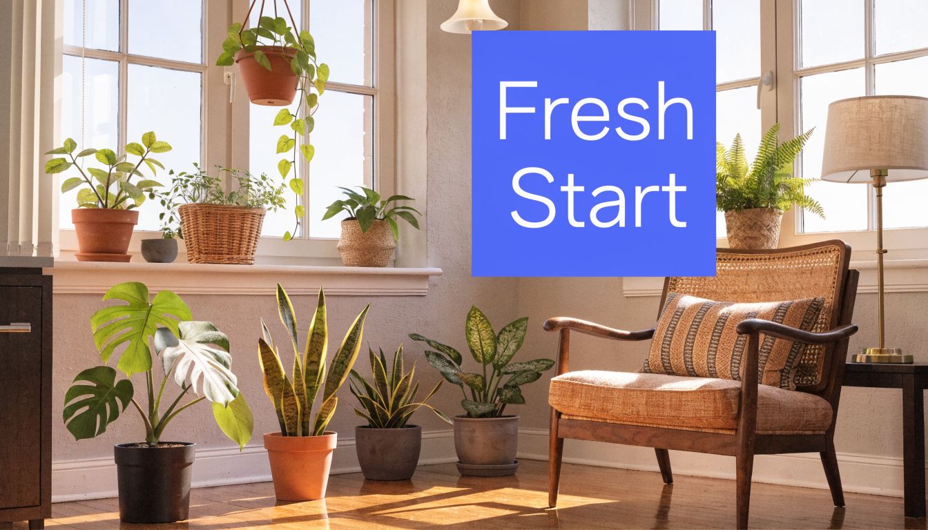 A cozy, sunlit room filled with various lush potted plants, a wooden armchair, and a minimalist aesthetic.