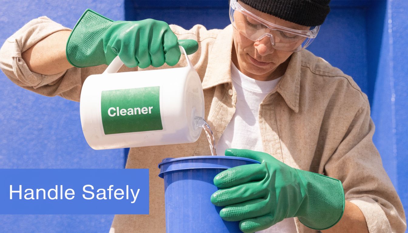 A worker wearing protective safety glasses and green rubber gloves pouring a liquid cleaner into a bucket.