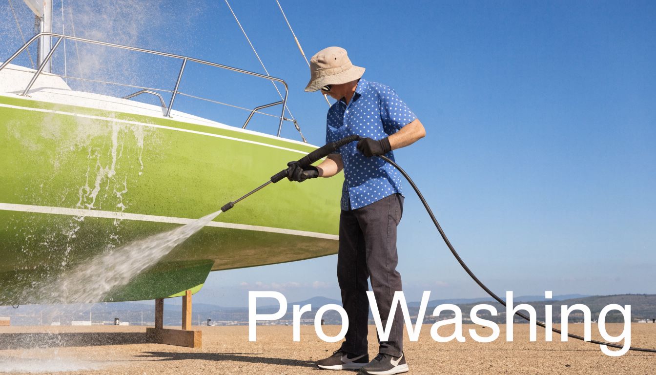 A person in a blue shirt and hat uses a power washer to clean a large green boat.