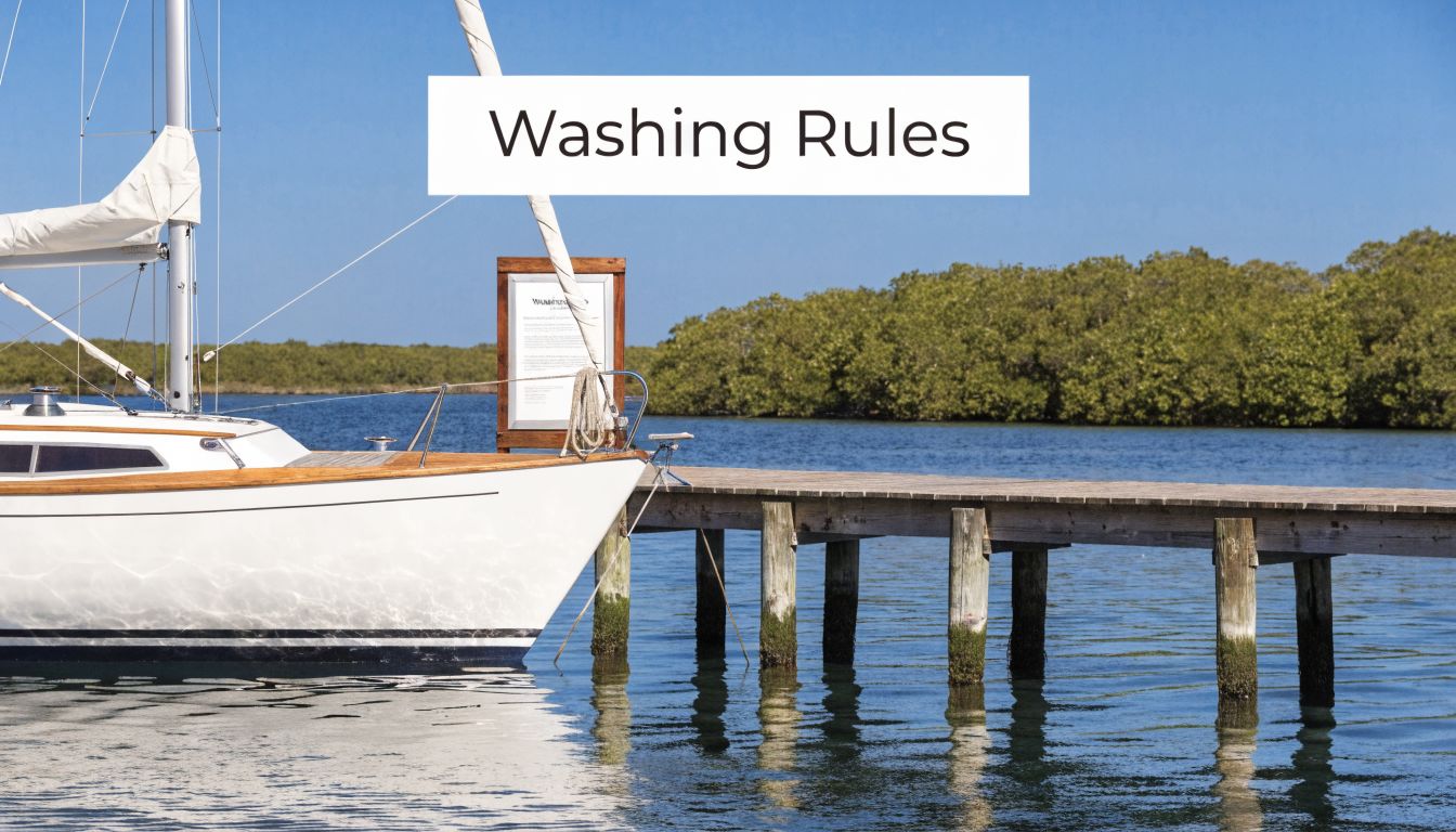 A white sailboat docked at a wooden pier with a sign labeled Washing Rules in the background.