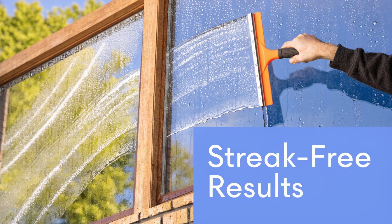 A hand using a rubber squeegee to clean a glass window, promoting streak-free results for home maintenance.