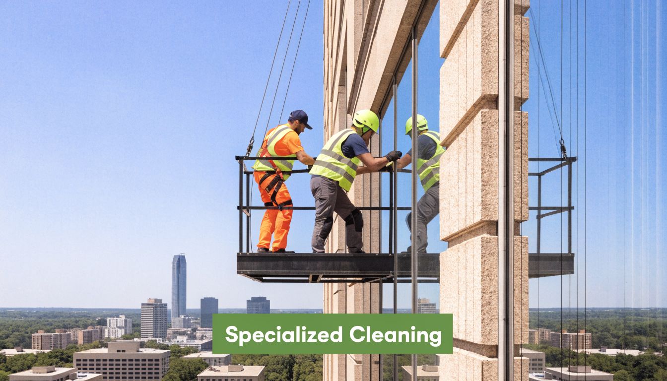 Two window cleaners wearing safety gear working on a suspended platform high above the city skyline.
