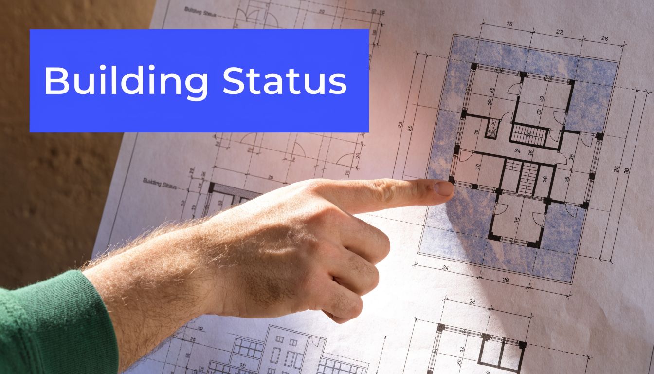 A person pointing at a house architectural floor plan blueprint with a building status overlay label.