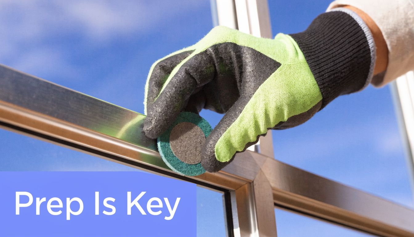 A person wearing a protective work glove uses an abrasive pad to prepare an aluminium window frame.