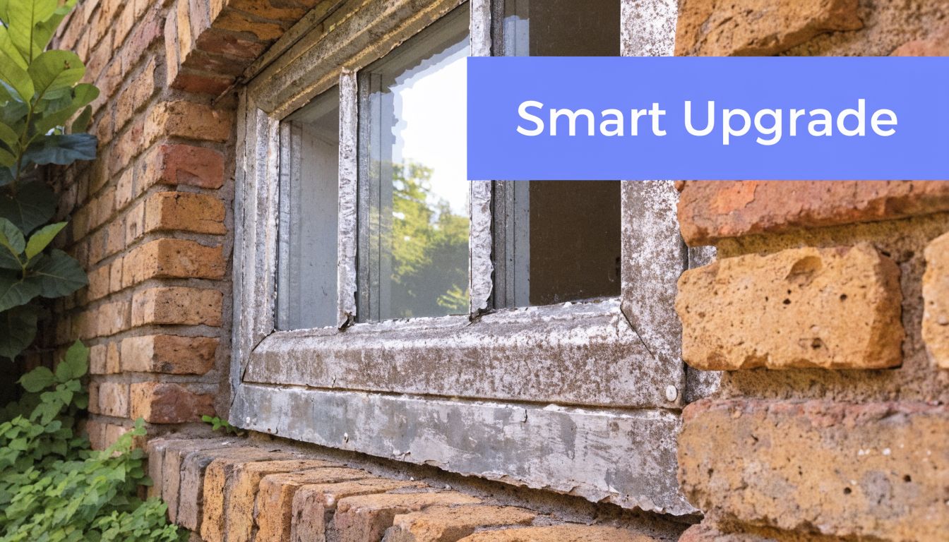 A close-up view of a weathered, peeling aluminium window frame set within an old rustic brick wall.