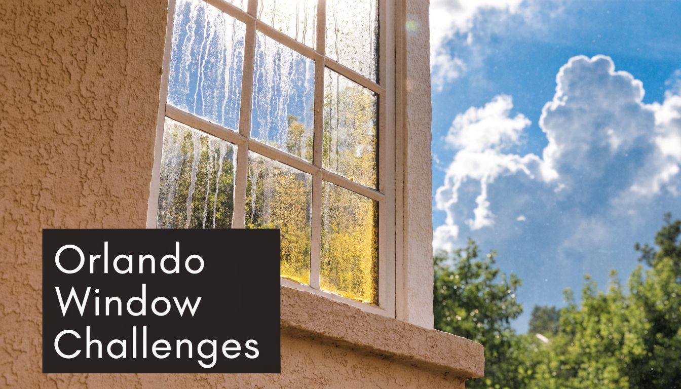 A dirty window pane with visible water streaks and grime on a sunny day in Florida.