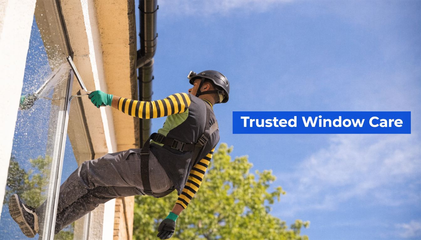 A professional window cleaner using safety equipment to clean a high-rise building window under a clear sky.