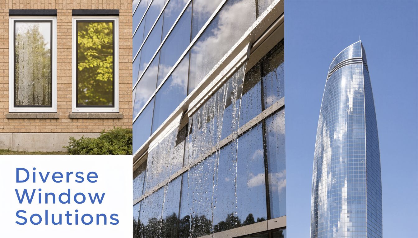 Collage featuring diverse commercial and residential building glass window solutions for professional cleaning and maintenance services.
