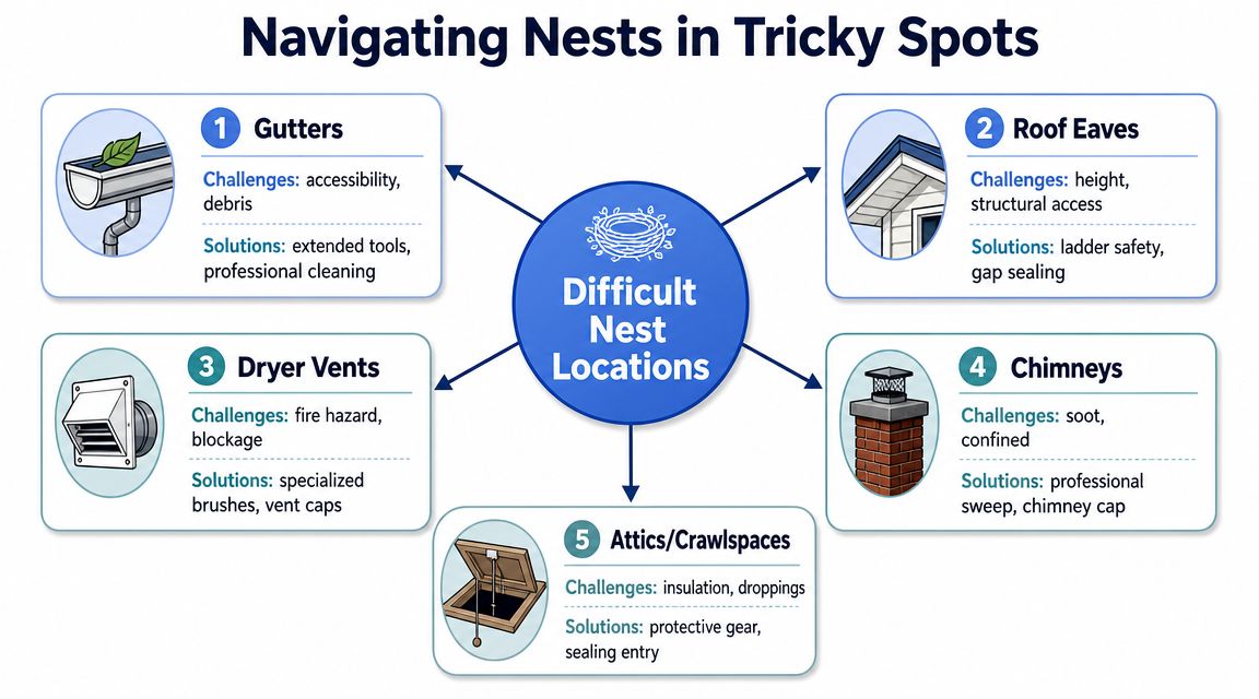 A diagram illustrating five difficult locations for bird nest removal and their associated challenges and solutions.