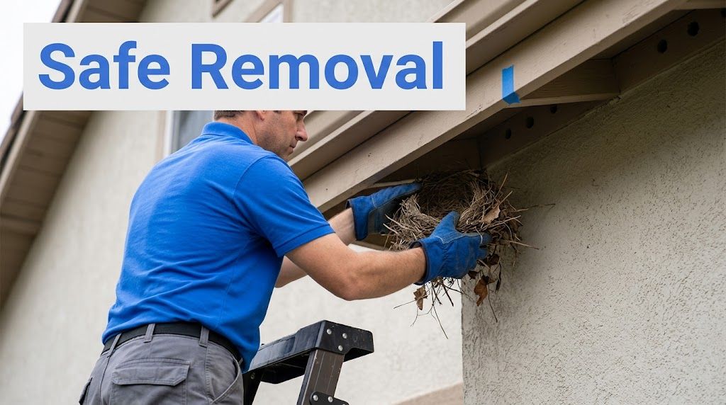 A professional technician carefully removing a bird nest from under the roof of a residential house.