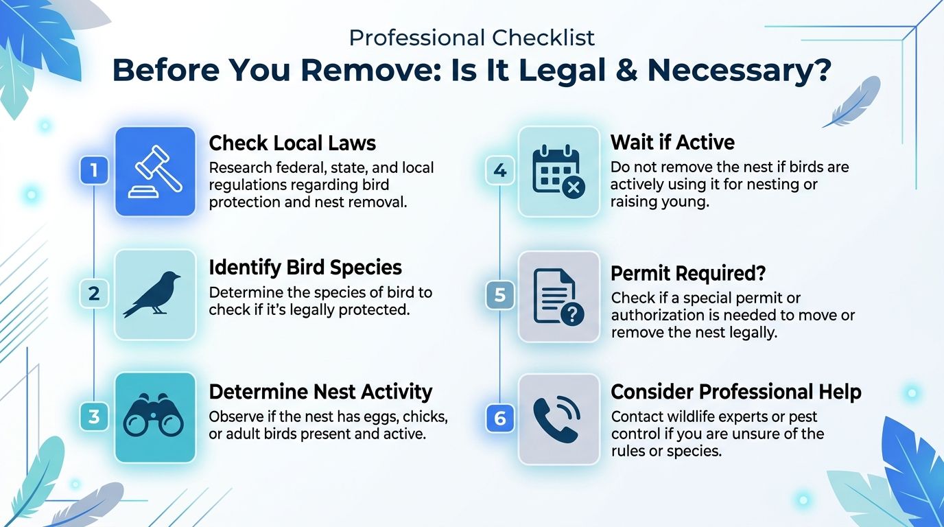 A professional checklist infographic detailing the legal steps to consider before removing a bird nest.
