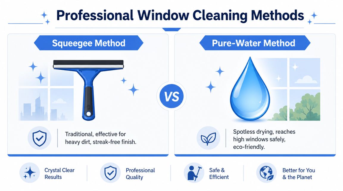 An infographic comparing the Squeegee method and Pure-Water method for professional window cleaning services.