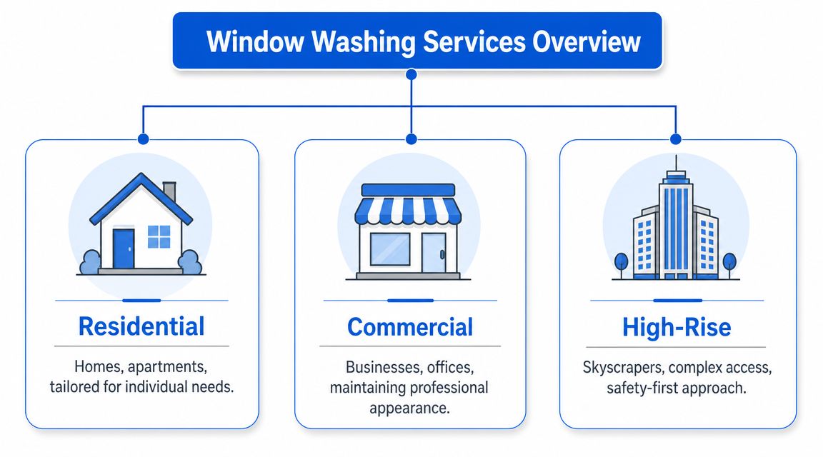An infographic showing three categories of window washing services: residential, commercial, and high-rise building maintenance.