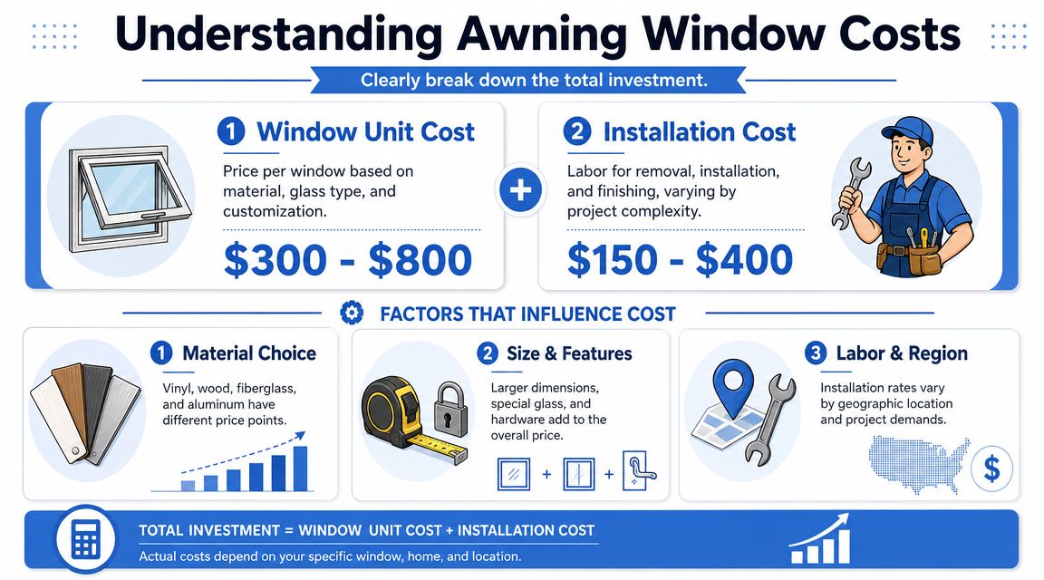 An infographic detailing the total cost breakdown and influencing factors for purchasing and installing awning replacement windows.