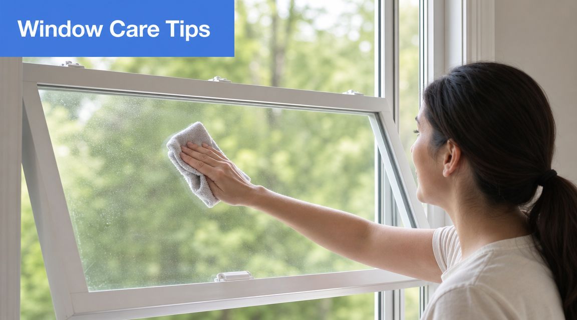 A woman cleaning a white awning replacement window with a microfiber cloth to maintain its clarity.