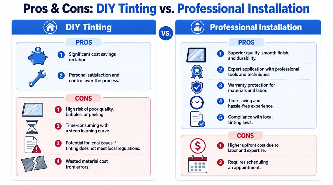 A comparison chart outlining the pros and cons of choosing DIY window tinting versus professional installation services.