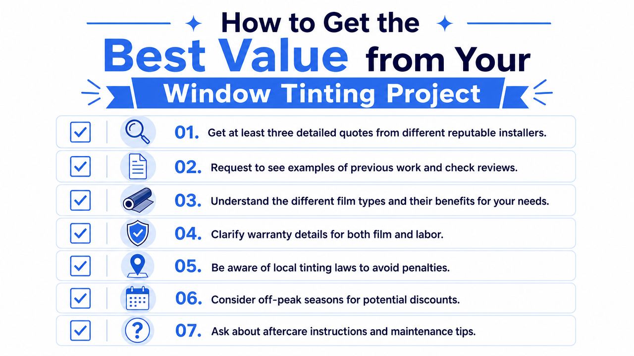An infographic titled How to Get the Best Value from Your Window Tinting Project with seven numbered steps.