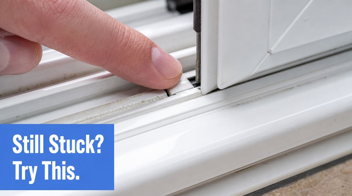 A close-up of a person's finger pointing at the track of a sliding vinyl window frame.