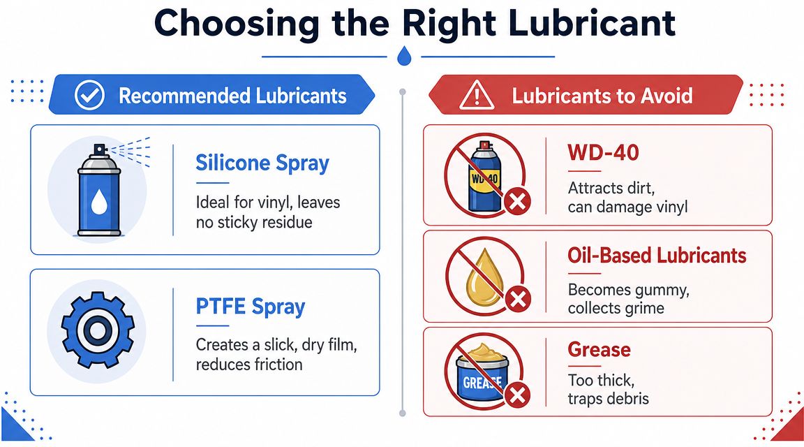 A chart comparing recommended lubricants like silicone and PTFE sprays versus lubricants to avoid for vinyl.