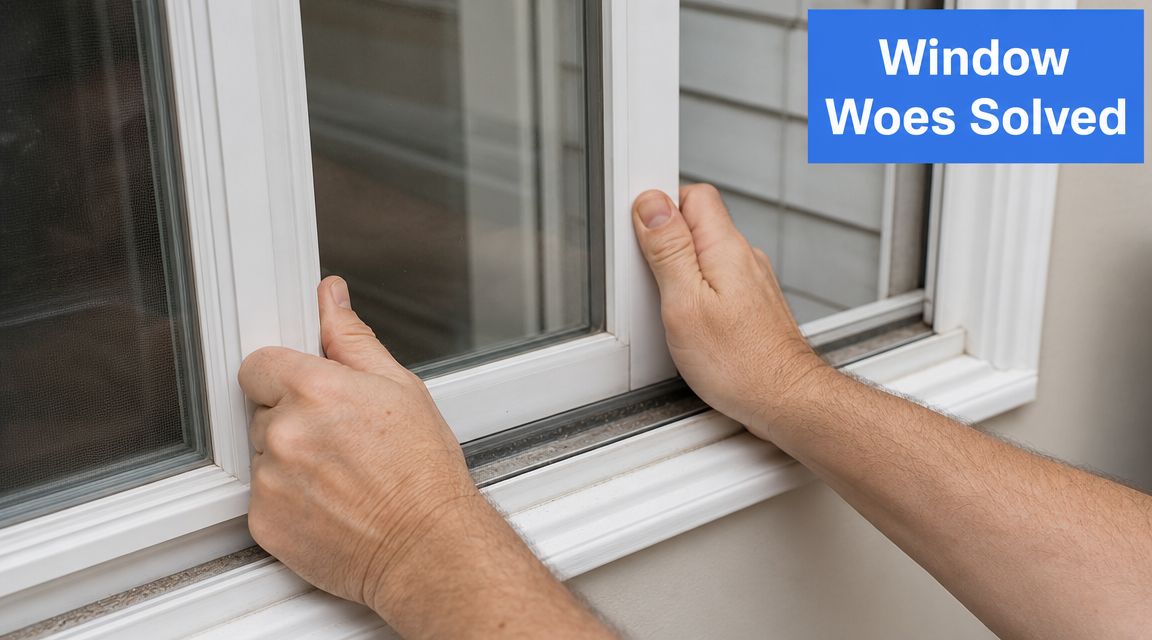 A close-up view of hands holding a vinyl window frame while performing home maintenance or repairs.