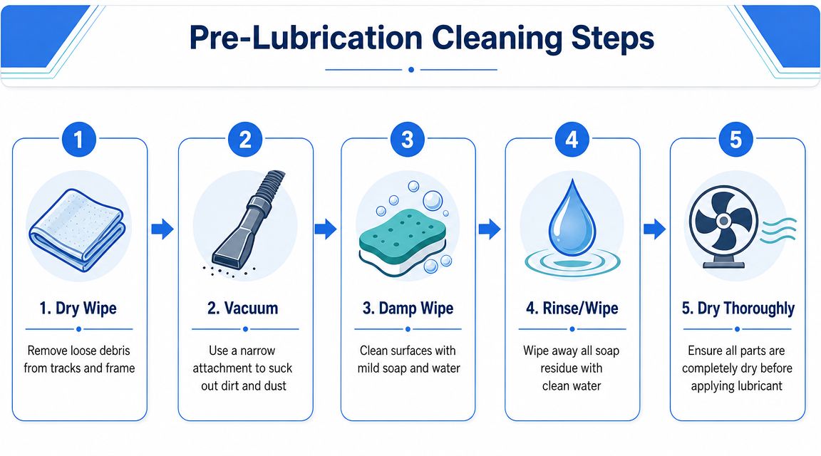 A five-step infographic showing how to clean vinyl window tracks and frames before applying lubricant.