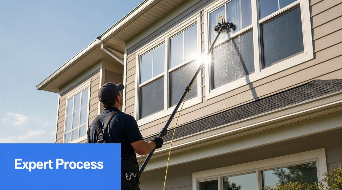A professional window cleaner uses an extendable pole to wash a second story window on a house.