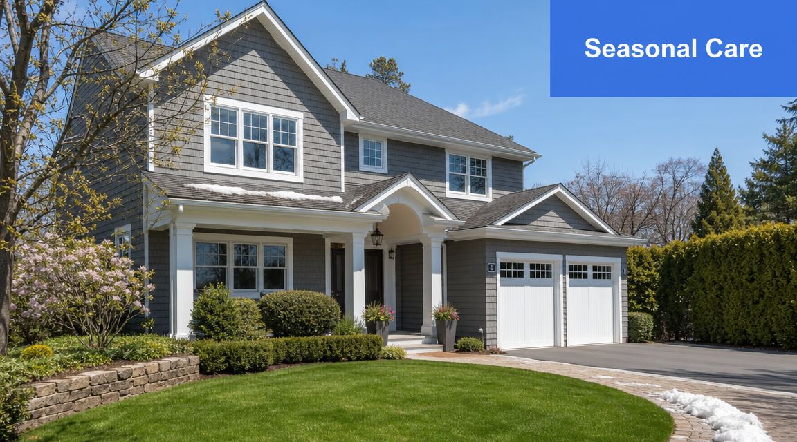 A large grey suburban house with white trim during a spring transition with some remaining snow patches.