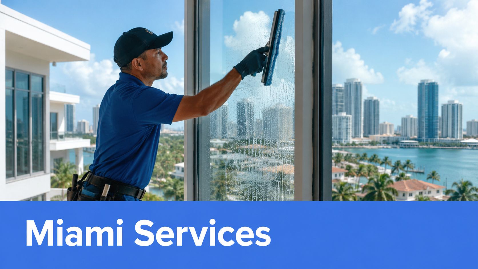 A professional window cleaner using a squeegee to clean a high-rise glass window overlooking Miami.