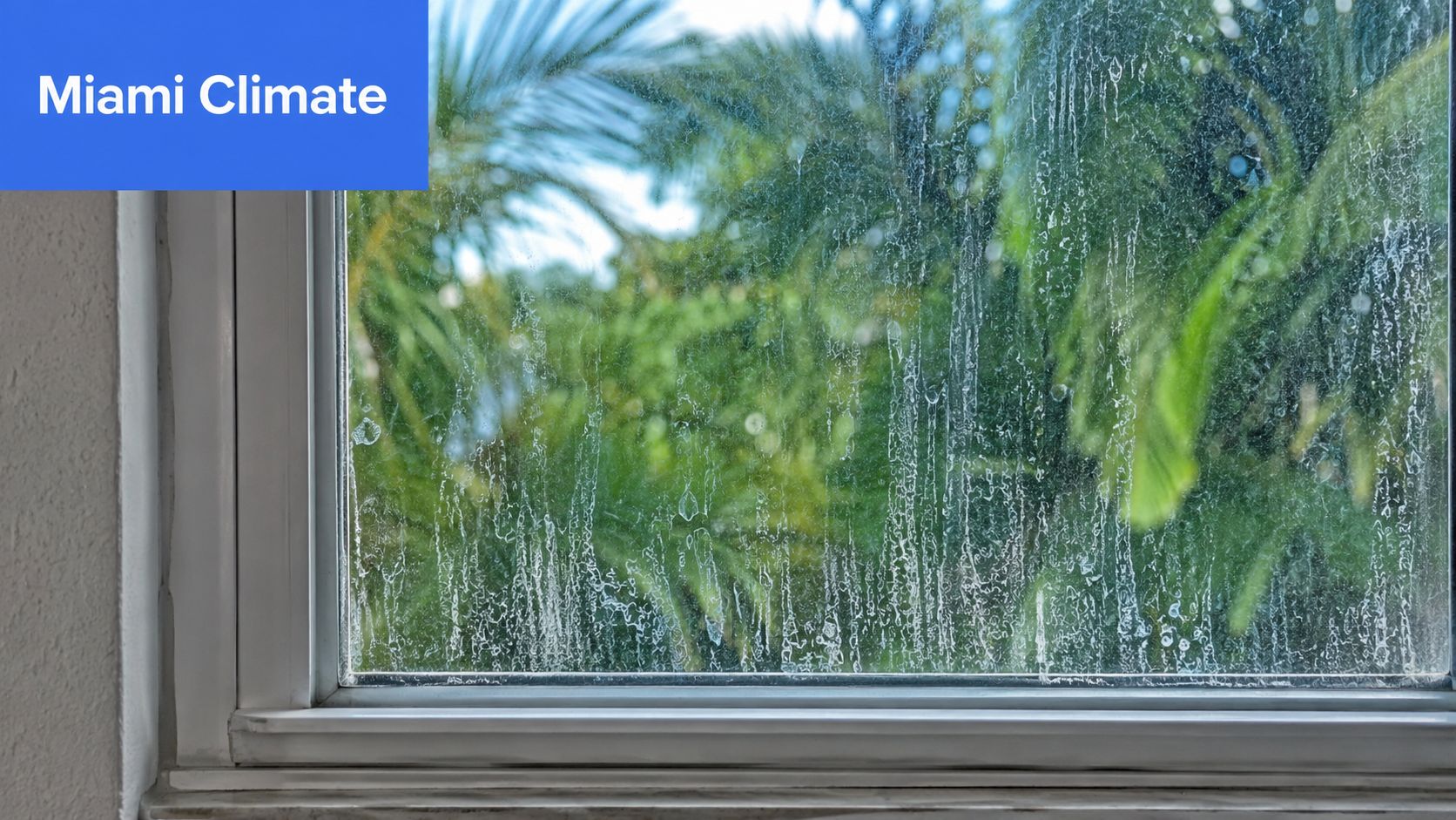 A close-up view of a dirty, streaked glass window with palm trees visible in the blurred background.