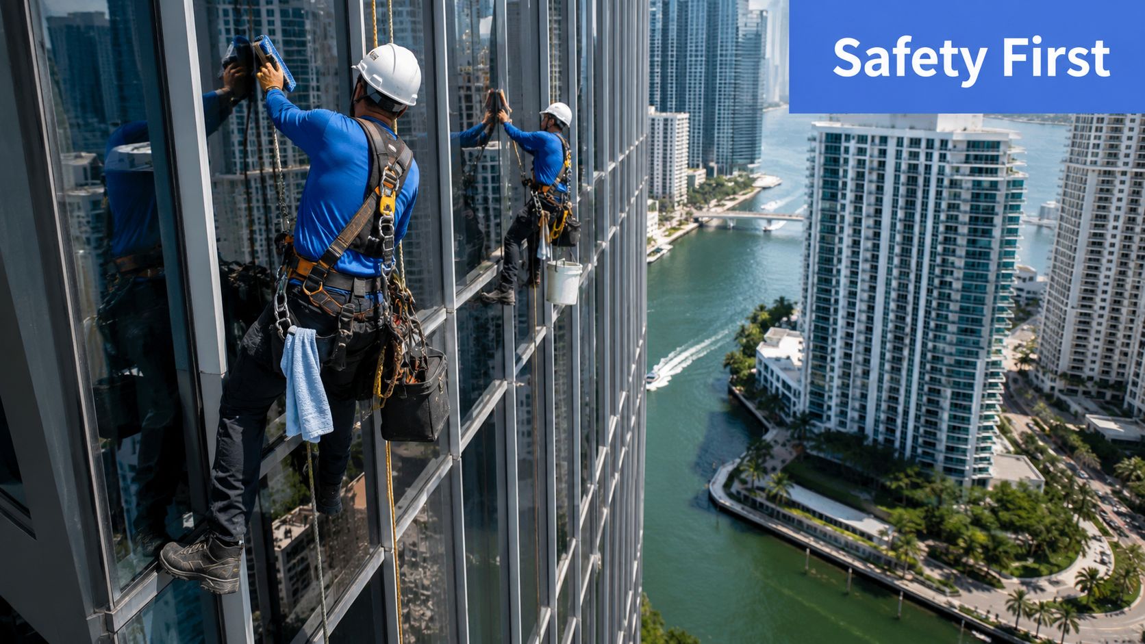 Two professional window cleaners hanging on safety harnesses working on a tall skyscraper in Miami, Florida.