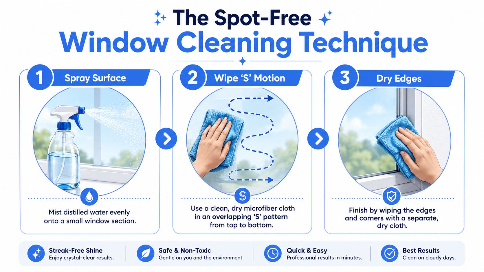 A three-step infographic showing how to clean windows using distilled water and a microfiber cloth.