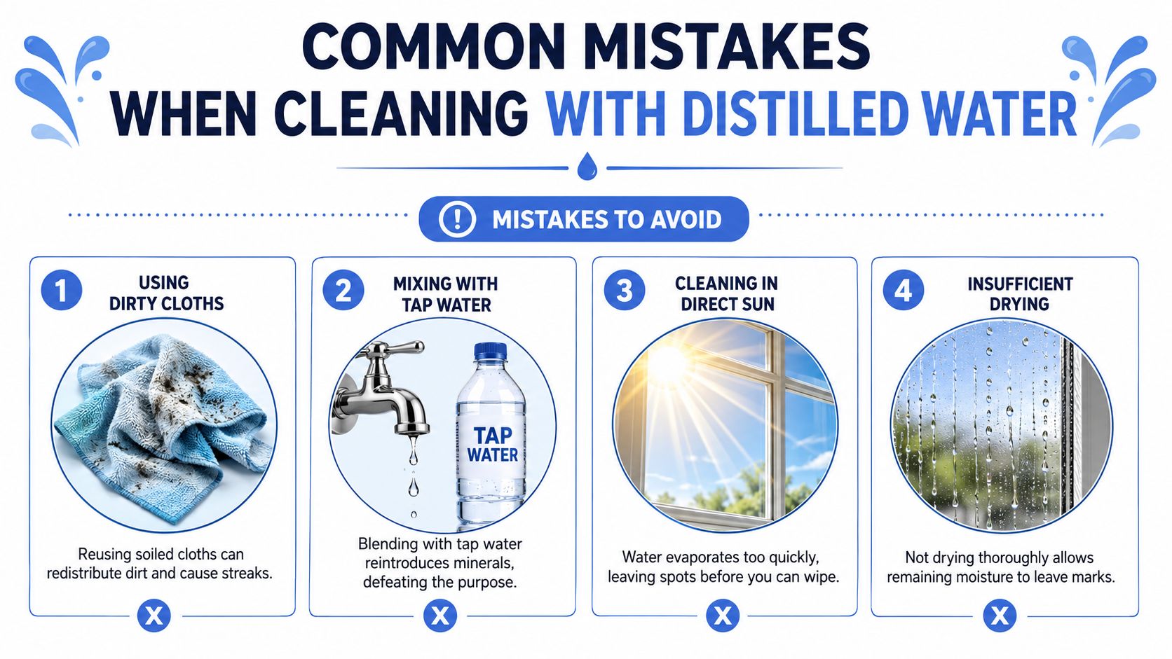 An infographic showing four common mistakes to avoid when cleaning surfaces with distilled water for best results.