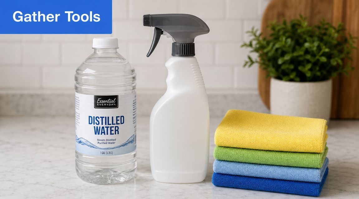 A gallon of distilled water, a white spray bottle, and a stack of colorful microfiber cleaning cloths.