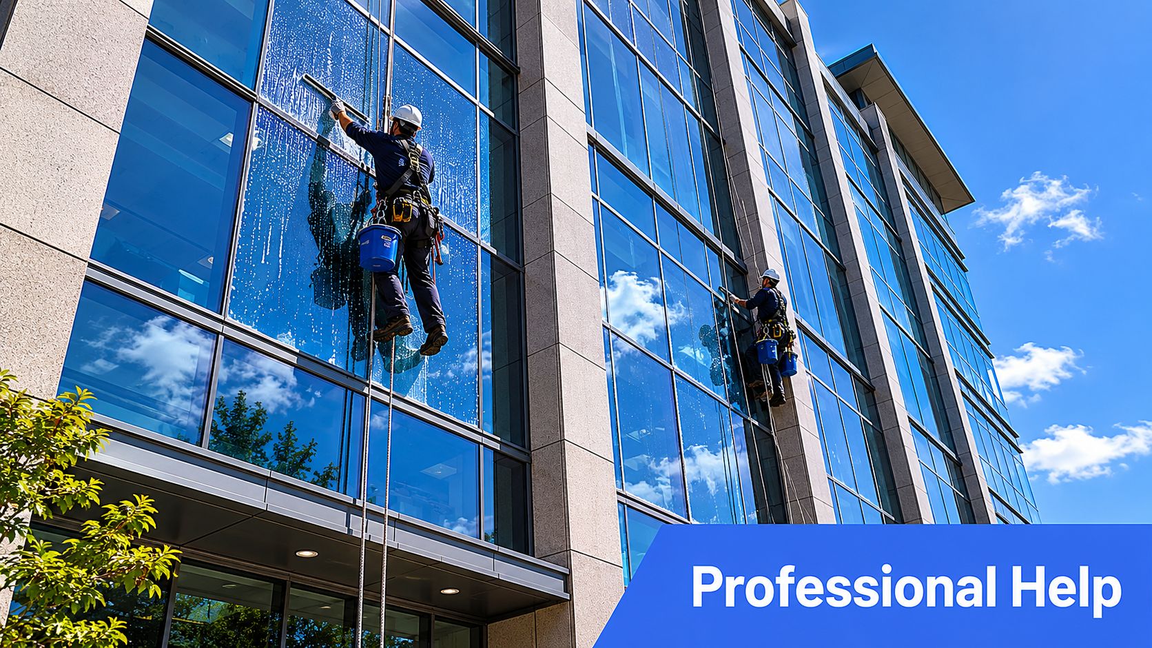 Professional window washers suspended by ropes clean the glass facade of a modern high-rise office building.