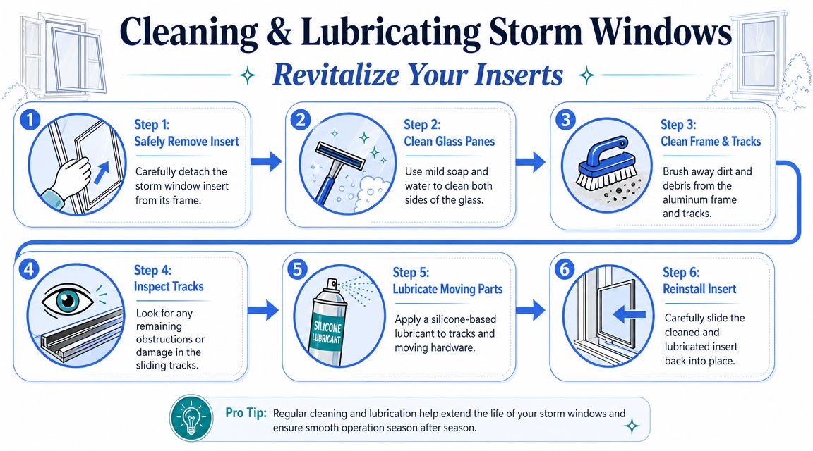 A six-step infographic guide explaining how to clean and lubricate aluminum storm windows for better maintenance.