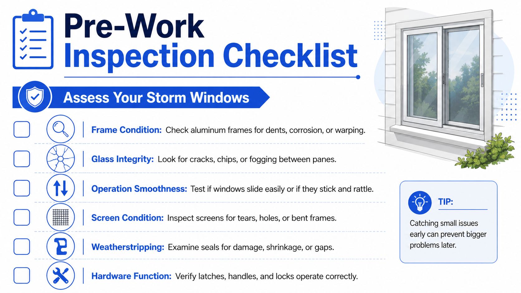 A pre-work inspection checklist graphic for assessing the condition of aluminum storm windows and home maintenance.