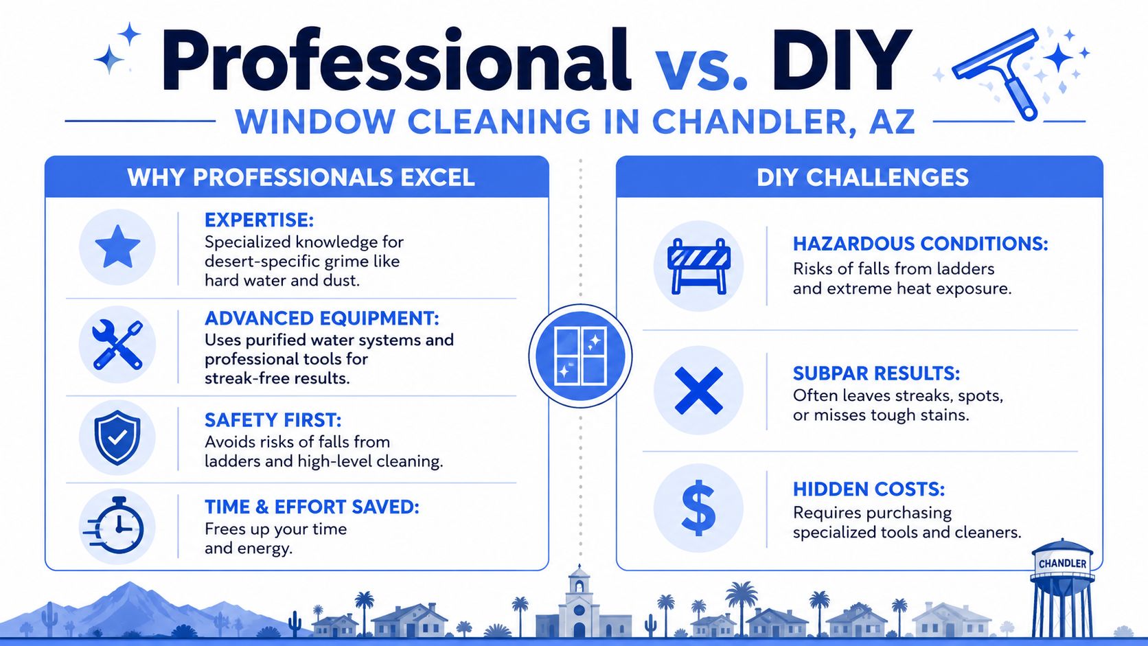 An infographic comparing professional and DIY window cleaning services for homeowners in Chandler, Arizona.