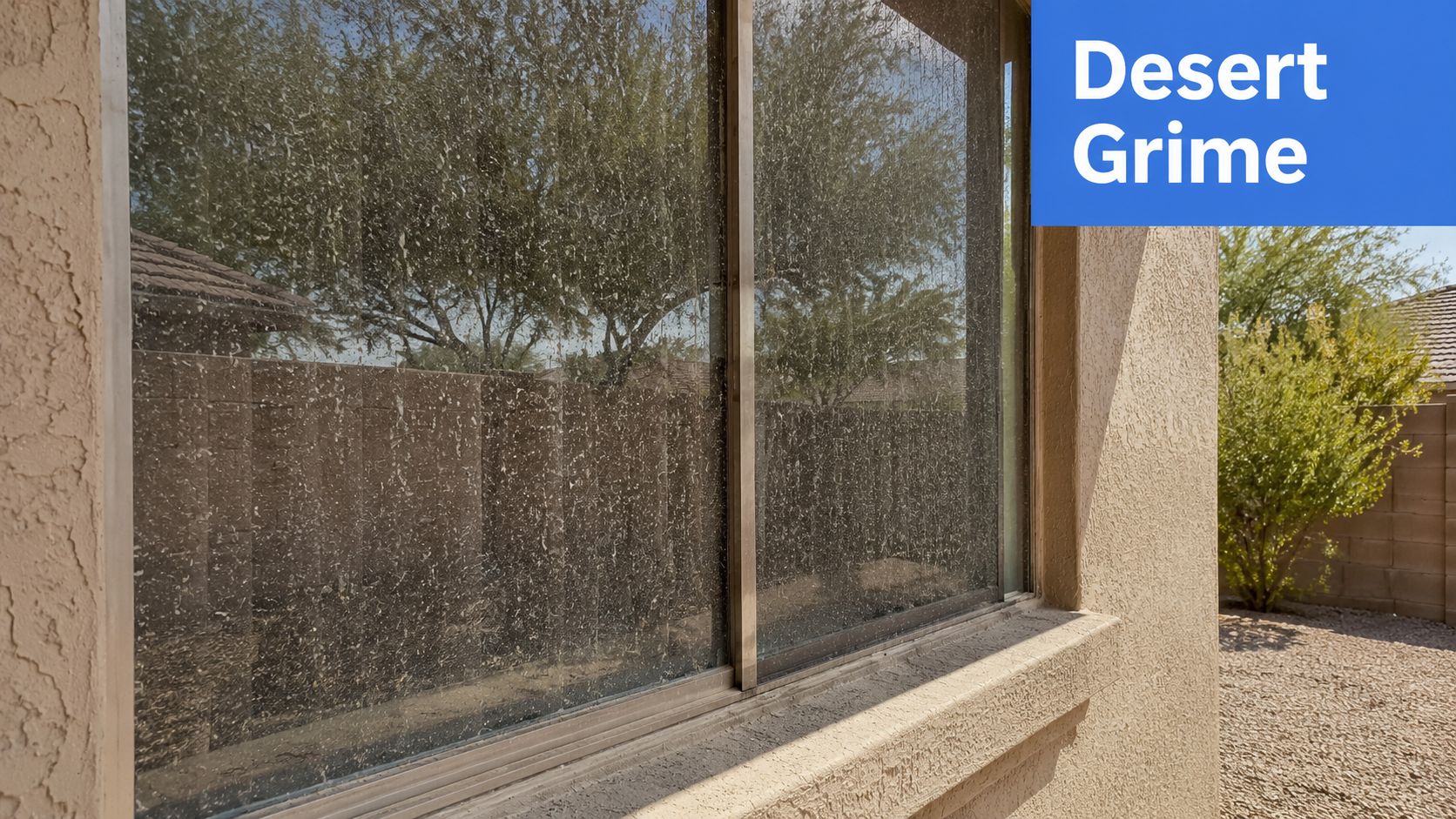 A dirty residential window covered in desert dust and grime, showing streaks and spots from weather elements.