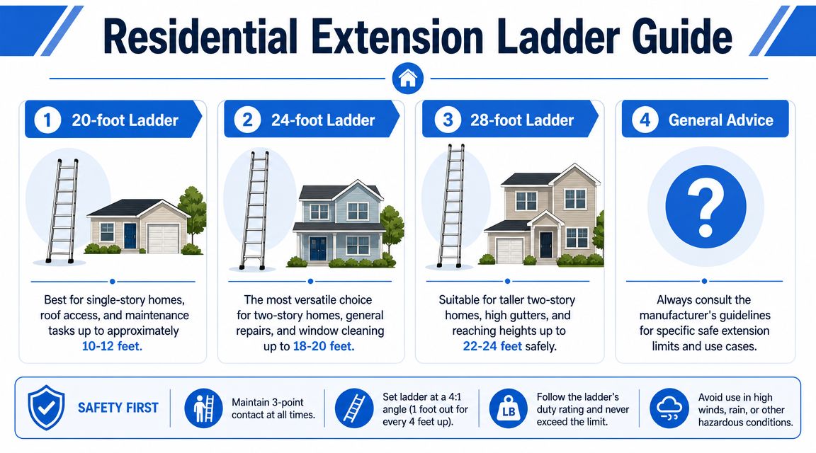 A helpful infographic guide illustrating the appropriate extension ladder sizes for different residential home heights.